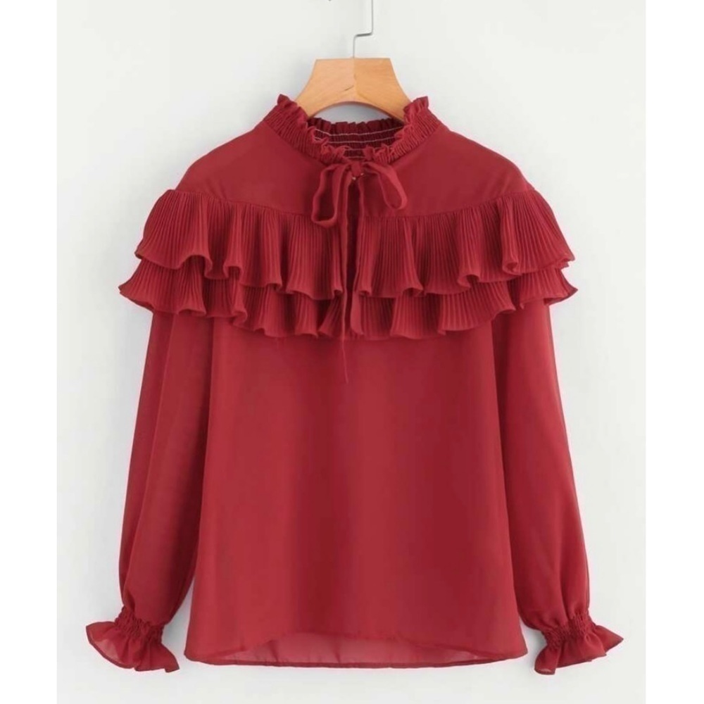 SHEIN Ruffle Tie Neck Long Sleeve Blouse